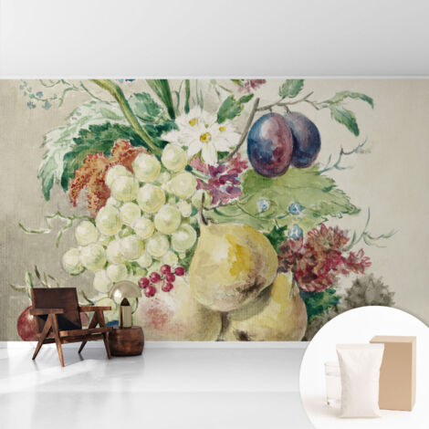 Tapete Vliestapete mit Kleber modern Wohnzimmer - Wanddeko Schlafzimmer - Tapete mit Motiv Blumen und Früchte 416x254 cm