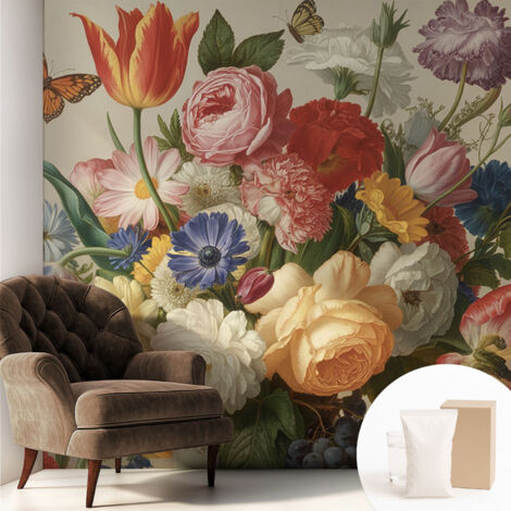 Tapete Vliestapete mit Kleber modern Wohnzimmer - Wanddeko Schlafzimmer - Tapete mit Motiv Blumen und Schmetterlinge 250x250 cm