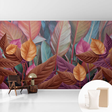 Tapete Vliestapete mit Kleber modern Wohnzimmer - Wanddeko Schlafzimmer - Tapete mit Motiv Bunte Blätter 416x254 cm