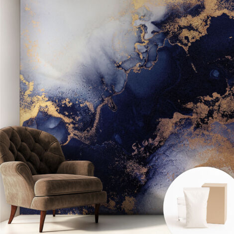 Tapete Vliestapete mit Kleber modern Wohnzimmer - Wanddeko Schlafzimmer - Tapete mit Motiv Dunkelblaue Wellen 250x250 cm