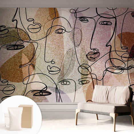 Tapete Vliestapete mit Kleber modern Wohnzimmer - Wanddeko Schlafzimmer - Tapete mit Motiv Lineare Gesichter 312x219 cm