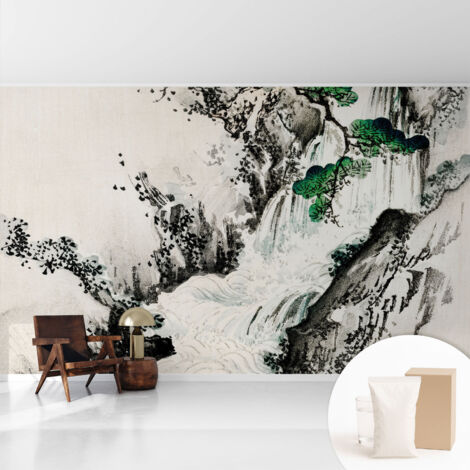 Tapete Vliestapete mit Kleber modern Wohnzimmer - Wanddeko Schlafzimmer - Tapete mit Motiv Naturwasserfall 416x254 cm