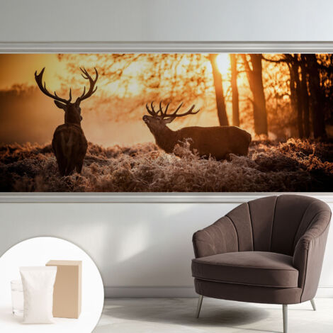 Tapete Vliestapete mit Kleber modern Wohnzimmer - Wanddeko Schlafzimmer - Tapete mit Motiv Rehe am Morgen 250x104 cm