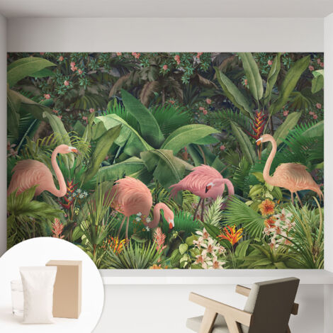 Tapete Vliestapete mit Kleber modern Wohnzimmer - Wanddeko Schlafzimmer - Tapete mit Motiv Rosa Flamingos 152x104 cm