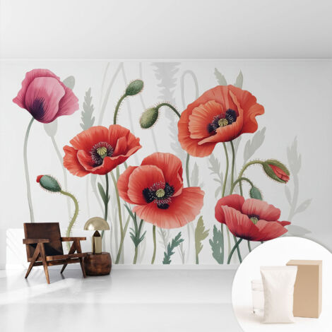 Tapete Vliestapete mit Kleber modern Wohnzimmer - Wanddeko Schlafzimmer - Tapete mit Motiv Rote Mohnblumen 416x254 cm
