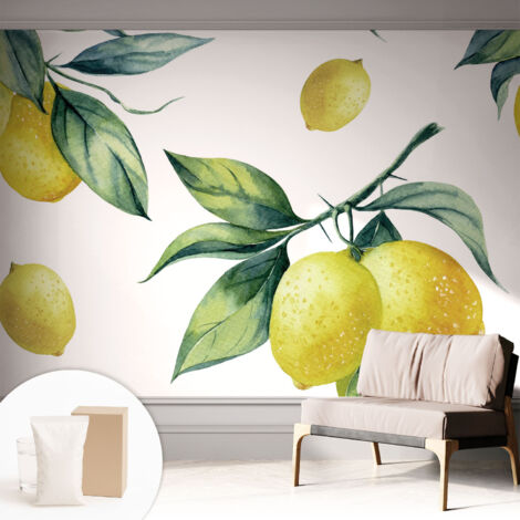 Tapete Vliestapete mit Kleber modern Wohnzimmer - Wanddeko Schlafzimmer - Tapete mit Motiv Zitronenmotiv 312x219 cm