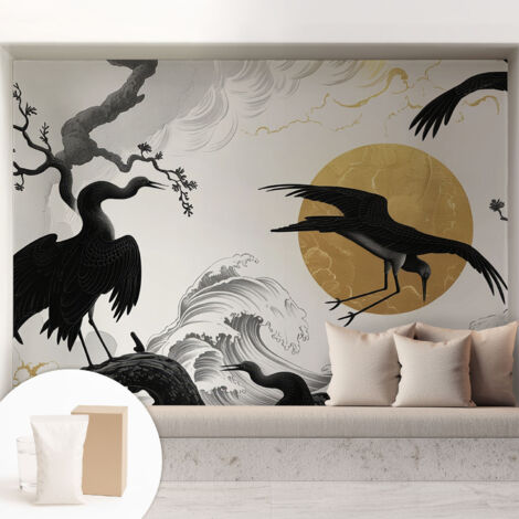 Tapete Vliestapete mit Kleber - modernes Design - Wohnungsdeko - geruchslos - langlebig Schwarze Kraniche 208x146 cm