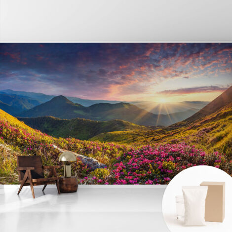 Tapete Vliestapete mit Kleber - trendige Wanddeko - elegant Fototapete für Wohnzimmer - Schlafzimmer Bergpanorama 416x254 cm