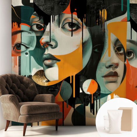Tapete Vliestapete mit Kleber - trendige Wanddeko - elegant Fototapete für Wohnzimmer - Schlafzimmer Bunte Gesichter 250x250 cm