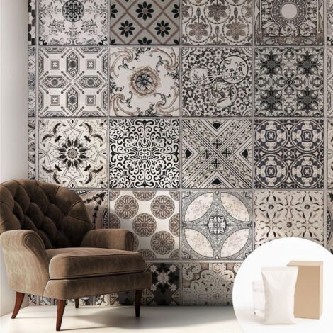Tapete Vliestapete mit Kleber - trendige Wanddeko - elegant Fototapete für Wohnzimmer - Schlafzimmer Fliesenmuster 250x250 cm