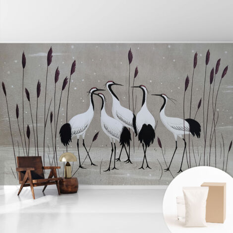 Tapete Vliestapete mit Kleber - trendige Wanddeko - elegant Fototapete für Wohnzimmer - Schlafzimmer Kranichschwarm 416x254 cm