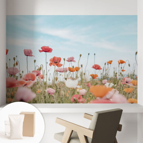 Tapete Vliestapete mit Kleber - trendige Wanddeko - elegant Fototapete für Wohnzimmer - Schlafzimmer Mohnblumen 104x70 cm