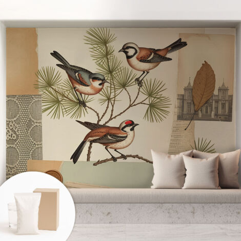 Tapete Vliestapete mit Kleber - trendige Wanddeko - elegant Fototapete für Wohnzimmer - Schlafzimmer Vogelcollage 208x146 cm