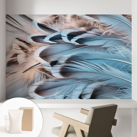 Tapete Vliestapete mit Kleber - Wanddekoration - Wandfolie - 3D Tapete Wand - Wohnungsdeko Blaue Federn 104x70 cm