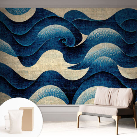 Tapete Vliestapete mit Kleber - Wanddekoration - Wandfolie - 3D Tapete Wand - Wohnungsdeko Blaue Wellen 312x219 cm