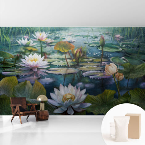 Tapete Vliestapete mit Kleber - Wanddekoration - Wandfolie - 3D Tapete Wand - Wohnungsdeko Blumen am Teich 416x254 cm