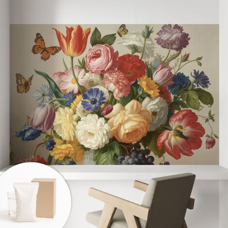 Tapete Vliestapete mit Kleber - Wanddekoration - Wandfolie - 3D Tapete Wand - Wohnungsdeko Blumen und Schmetterlinge 104x70 cm