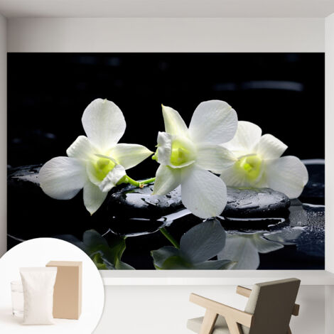 Tapete Vliestapete mit Kleber - Wanddekoration - Wandfolie - 3D Tapete Wand - Wohnungsdeko Blumen und Steine 152x104 cm