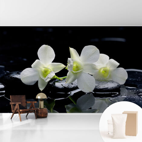 Tapete Vliestapete mit Kleber - Wanddekoration - Wandfolie - 3D Tapete Wand - Wohnungsdeko Blumen und Steine 416x254 cm