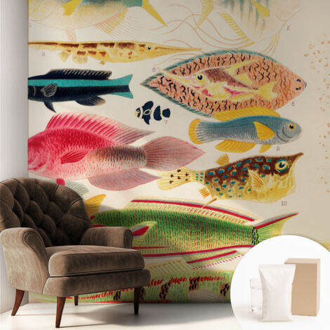 Tapete Vliestapete mit Kleber - Wanddekoration - Wandfolie - 3D Tapete Wand - Wohnungsdeko Bunte Fische 250x250 cm