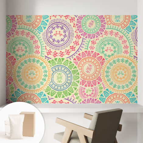 Tapete Vliestapete mit Kleber - Wanddekoration - Wandfolie - 3D Tapete Wand - Wohnungsdeko Bunte Mandalas 104x70 cm