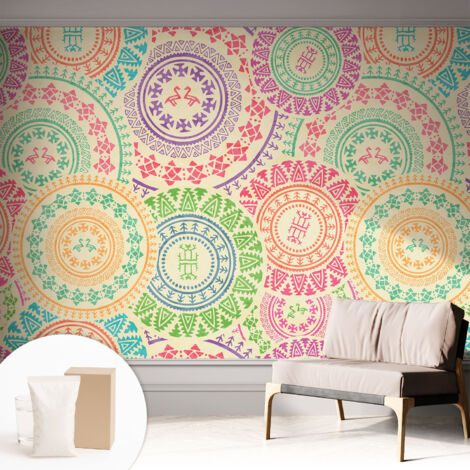 Tapete Vliestapete mit Kleber - Wanddekoration - Wandfolie - 3D Tapete Wand - Wohnungsdeko Bunte Mandalas 312x219 cm