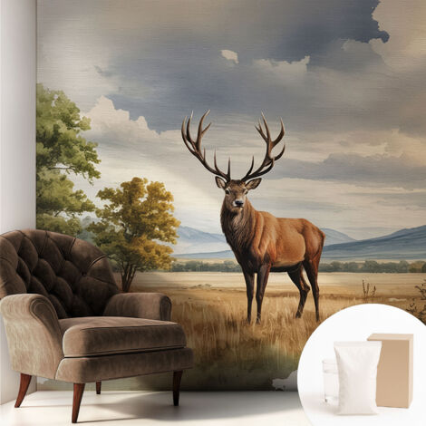Tapete Vliestapete mit Kleber - Wanddekoration - Wandfolie - 3D Tapete Wand - Wohnungsdeko Majestätischer Hirsch 250x250 cm
