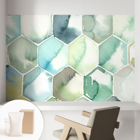 Tapete Vliestapete mit Kleber - Wanddekoration - Wandfolie - 3D Tapete Wand - Wohnungsdeko Pastellfarbene Sechsecke 104x70 cm