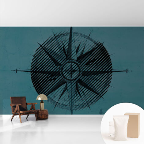 Tapete Vliestapete mit Kleber - Wanddekoration - Wandfolie - 3D Tapete Wand - Wohnungsdeko Seekompass 416x254 cm