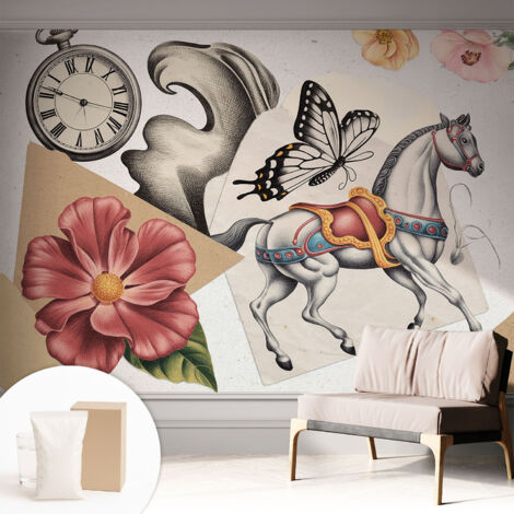 Tapete Vliestapete mit Kleber - Wanddekoration - Wandfolie - 3D Tapete Wand - Wohnungsdeko Vintage-Blumen 312x219 cm