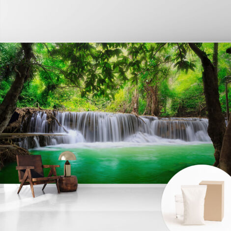 Tapete Vliestapete mit Kleber - Wanddekoration - Wandfolie - 3D Tapete Wand - Wohnungsdeko Waldwasserfall 416x254 cm
