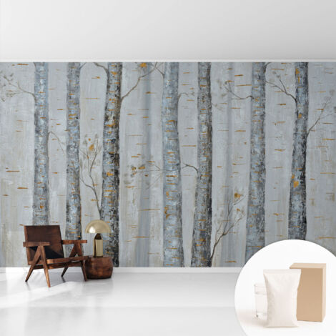 Tapete Vliestapete mit Kleber - Wanddekoration Wohnzimmer - Tapete Schlafzimmer Birkenbäume 416x254 cm