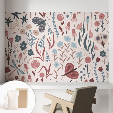 Tapete Vliestapete mit Kleber - Wanddekoration Wohnzimmer - Tapete Schlafzimmer Blumen und Insekten 104x70 cm