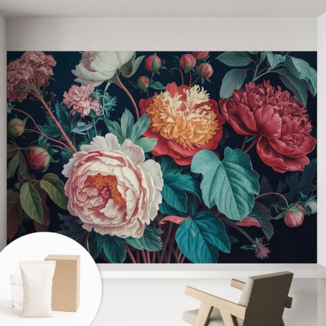 Tapete Vliestapete mit Kleber - Wanddekoration Wohnzimmer - Tapete Schlafzimmer Bunte Blumen 152x104 cm