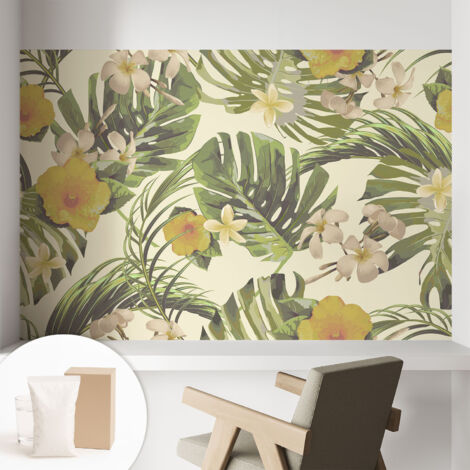 Tapete Vliestapete mit Kleber - Wanddekoration Wohnzimmer - Tapete Schlafzimmer Exotische Flora 104x70 cm