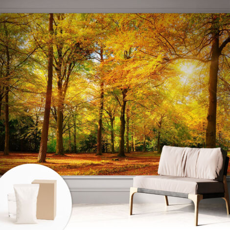 Tapete Vliestapete mit Kleber - Wanddekoration Wohnzimmer - Tapete Schlafzimmer Goldene Blätter 312x219 cm