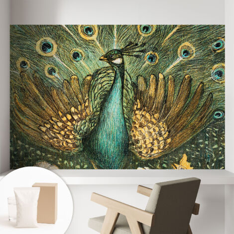 Tapete Vliestapete mit Kleber - Wanddekoration Wohnzimmer - Tapete Schlafzimmer Majestätischer Pfau 104x70 cm