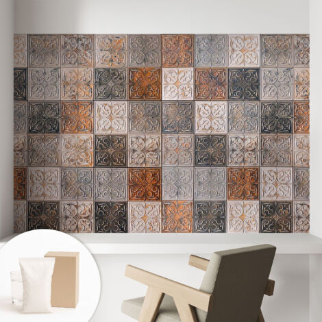 Tapete Vliestapete mit Kleber - Wanddekoration Wohnzimmer - Tapete Schlafzimmer Ornamentale Fliesen 104x70 cm