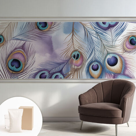 Tapete Vliestapete mit Kleber - Wanddekoration Wohnzimmer - Tapete Schlafzimmer Pfauenfedern 250x104 cm