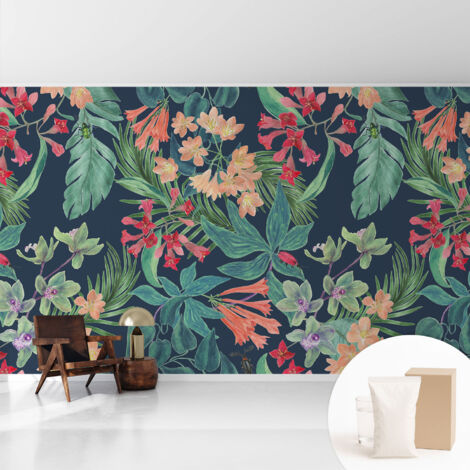 Tapete Vliestapete mit Kleber - Wanddekoration Wohnzimmer - Tapete Schlafzimmer Tropische Blumen 416x254 cm