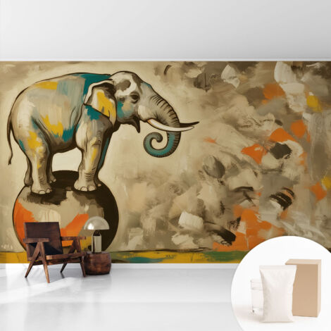Tapete Vliestapete mit Kleber - Wandgestaltung - Tapete Wohnzimmer - Flur Eingangsbereich Abstrakter Elefant 416x254 cm