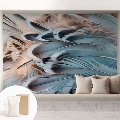 Tapete Vliestapete mit Kleber - Wandgestaltung - Tapete Wohnzimmer - Flur Eingangsbereich Blaue Federn 208x146 cm
