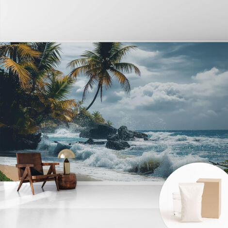Tapete Vliestapete mit Kleber - Wandgestaltung - Tapete Wohnzimmer - Flur Eingangsbereich Exotischer Strand 416x254 cm