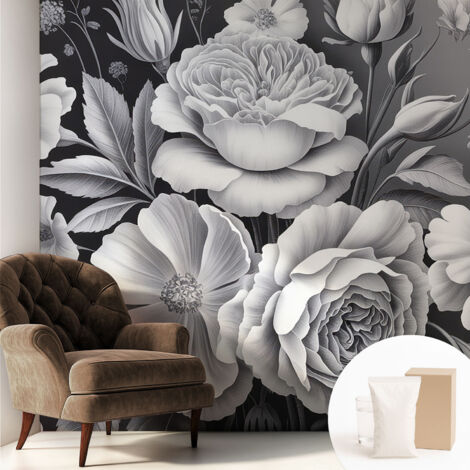 Tapete Vliestapete mit Kleber - Wandgestaltung - Tapete Wohnzimmer - Flur Eingangsbereich Graue Blumen 250x250 cm