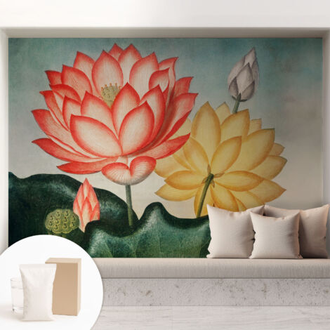 Tapete Vliestapete mit Kleber - Wandgestaltung - Tapete Wohnzimmer - Flur Eingangsbereich Lotusblumen 208x146 cm