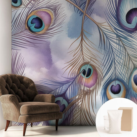 Tapete Vliestapete mit Kleber - Wandgestaltung - Tapete Wohnzimmer - Flur Eingangsbereich Pfauenfedern 250x250 cm