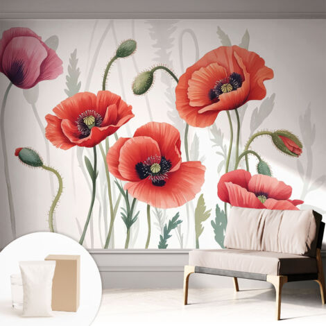 Tapete Vliestapete mit Kleber - Wandgestaltung - Tapete Wohnzimmer - Flur Eingangsbereich Rote Mohnblumen 312x219 cm