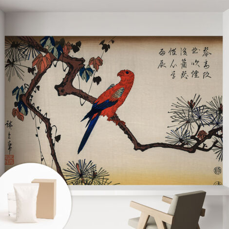 Tapete Vliestapete mit Kleber - Wandgestaltung - Tapete Wohnzimmer - Flur Eingangsbereich Vogel auf einem Ast 152x104 cm