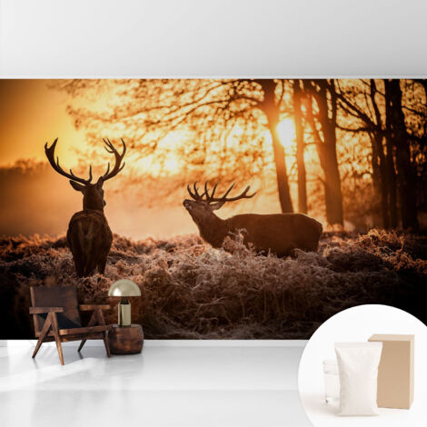 Tapete Vliestapete mit Kleber Wandtapete modern - Tapete mit Motiv - Tapete Schlafzimmer Rehe am Morgen 416x254 cm