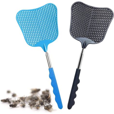 Tapette à Mouches 2 Pièces, Lutte Antiparasitaire Manu Tapette à Mouches Extensible, Longueur Étirée est D'environ 65 cm, Aide de Cuisine avec Poignée Antidérapante (Noir + Bleu)